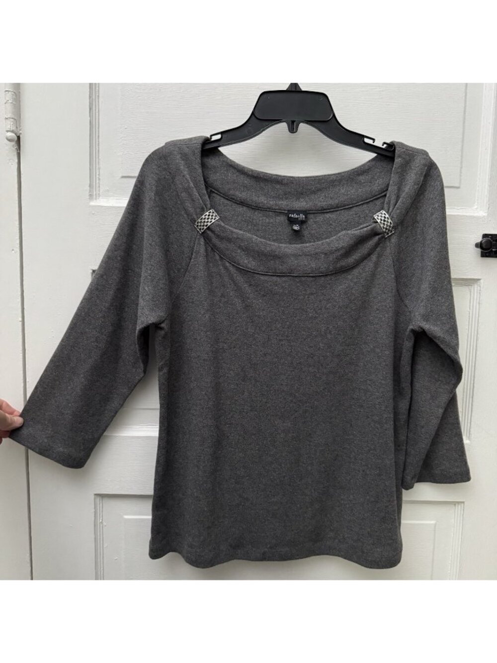 Rafaella Petite L Gray Cotton Blend Sweater Portrait Neck 3/4 Sleeve